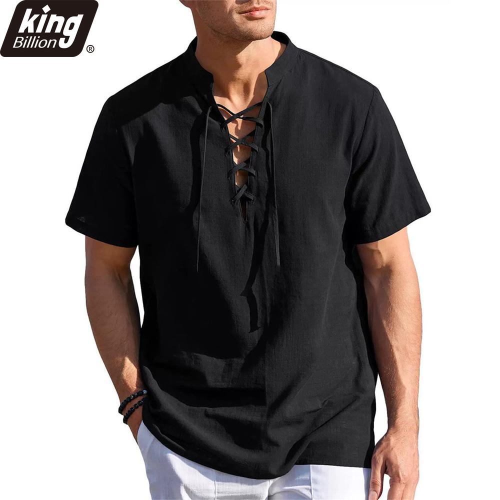 Summer Vintage Men's V-neck Shirt Drawstring Design Cotton Linen Breathable Stylish Casual Tops Solid Color Vacation Shirts