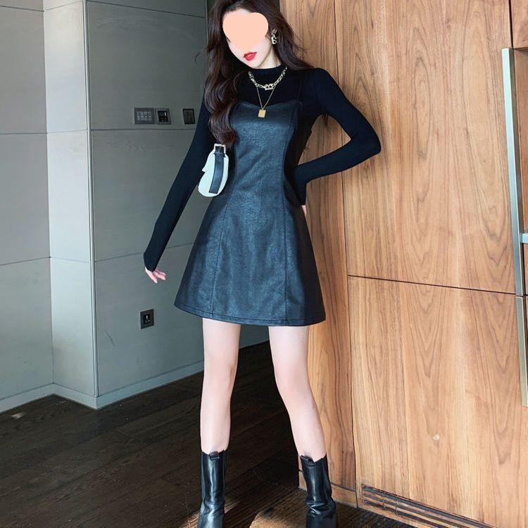 Φθινόπωρο 2025 Δερμάτινο Σετ Τοπ και Φούστα: Φόρεμα Σύσφιξης Υψηλόμεσο με Μπλούζα Βάσης Μακρυμάνικη