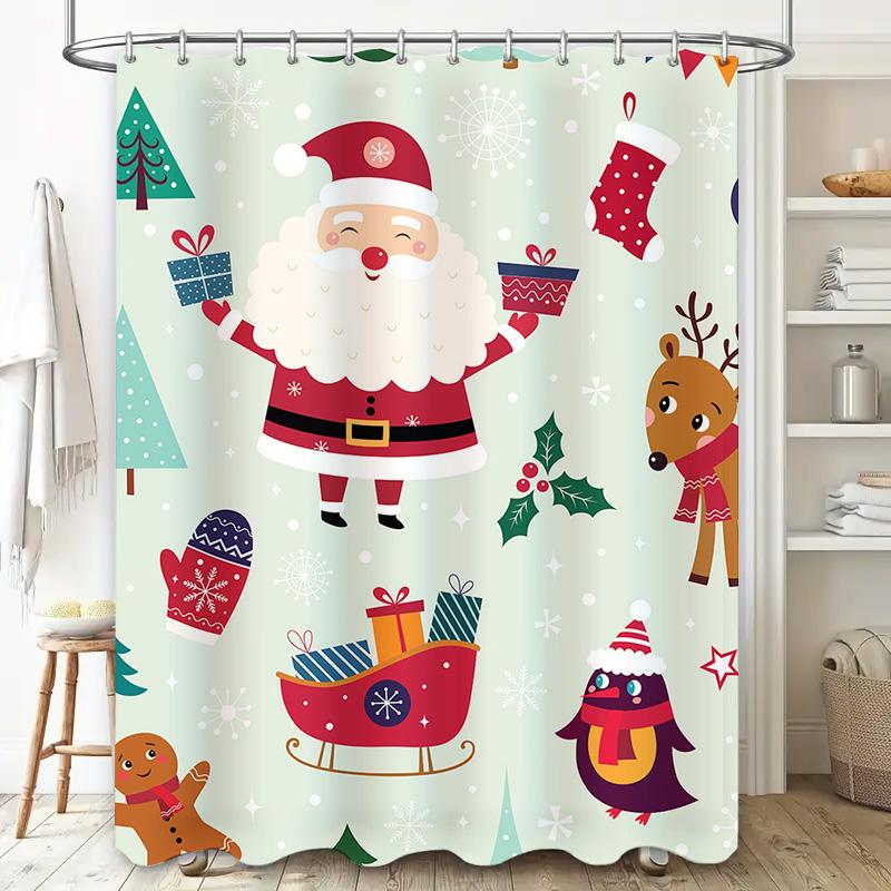 Tu Festive Christmas Shower Curtainholiday Bathroom Decorsanta Claus Patternwaterproof Fabricholiday Giftbathroom Accessoriesxma