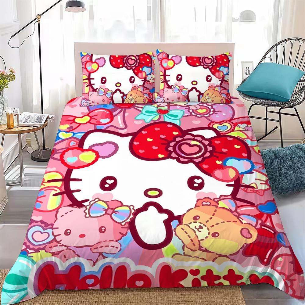 Kawaii H-Hello K-Kitty Duvet Cover Set Home Style Bedding Soft Laundry Cotton Bed 3 Piece Set Student Dormitory Gift 135x200cm