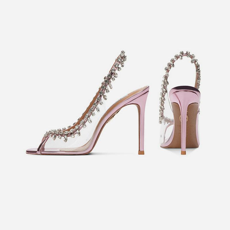 

Fashion Water Diamond Sandals Women S Slender Heels Summer European And American Fish-Mouth High Heels Sexy Pendant Banquet Single Shoes 40 розовый