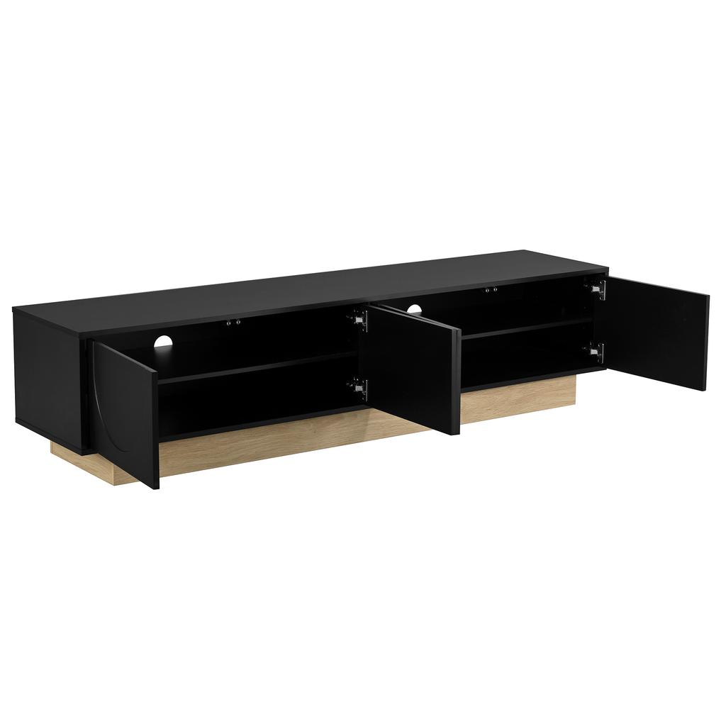 Modern Black TV Stand with Wood Grain – 175 Cm – Minimalist, Curved Design – Plenty of Storage Space and Cable Management