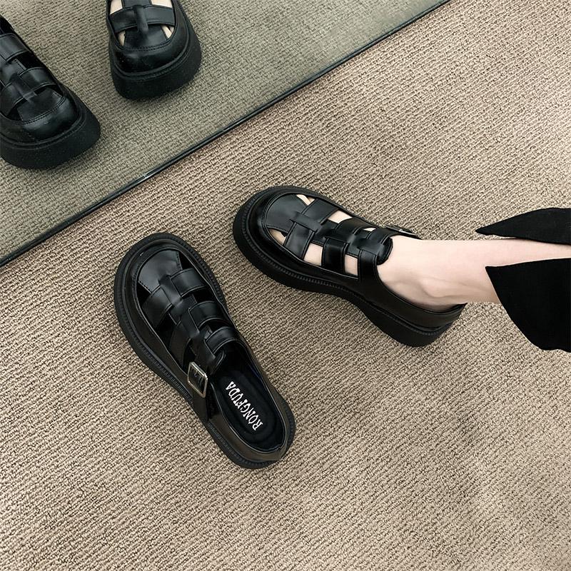 College Wind Small Leather Shoes Female Hollow Breathable Summer Thick -Soled French Niche Single Shoes Roman Sandals Ins Fairy Wind
