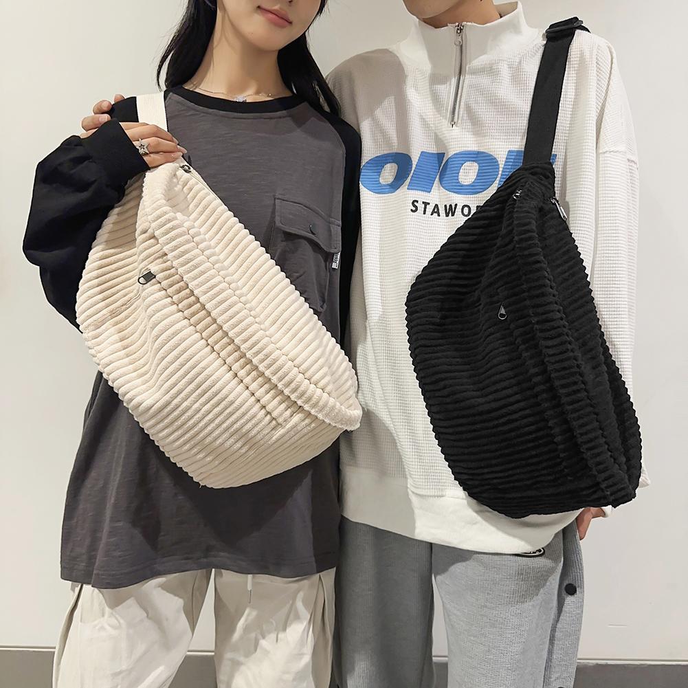Corduroy Simple Shoulder Bag Solid Color Fashion Waist Bag Stylish Sports Bag Adjustable Wide Strap Multi-pockets Belt Bag