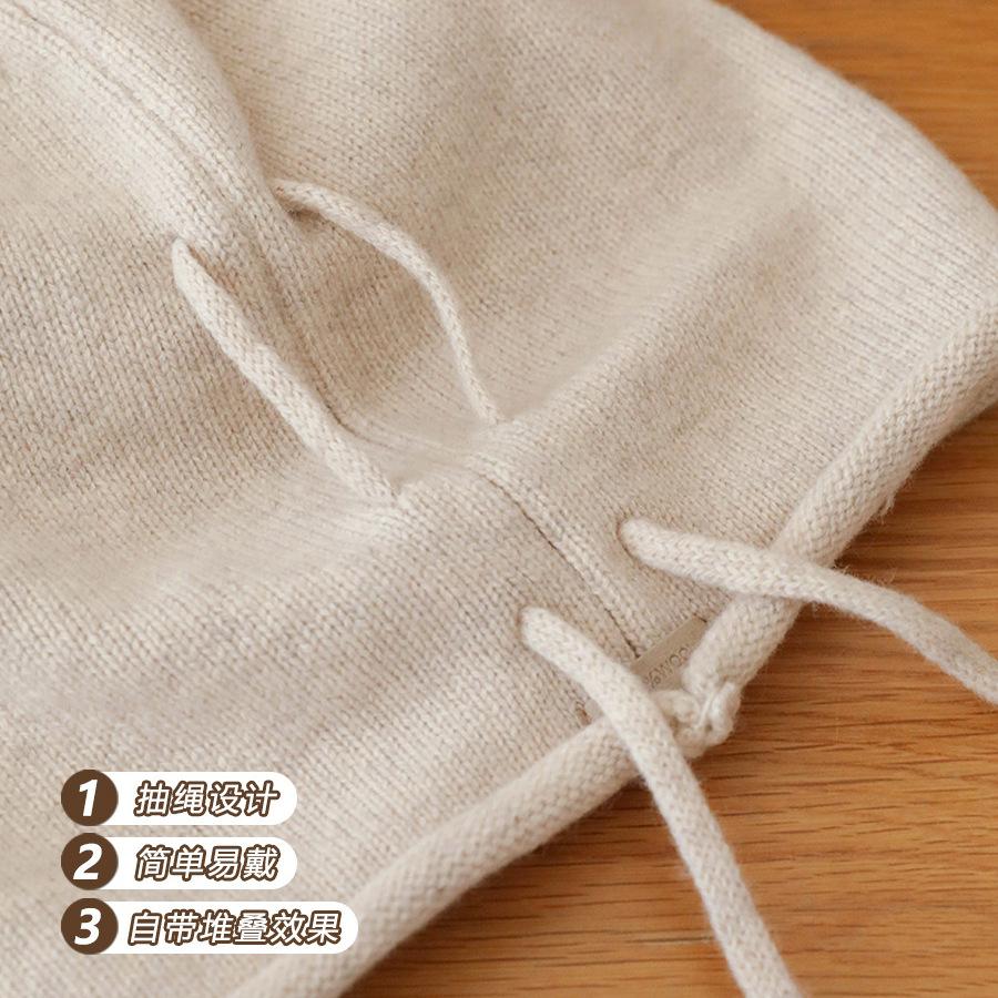 Pure wool knitted crimped stacking hat autumn and winter warm versatile wool hat women's plain face covering bag head cold hat drawstring