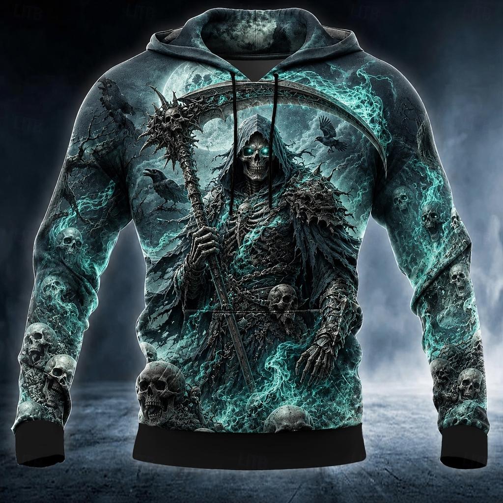 Herren Halloween Sensenmann 3D Gedruckter Hoodie, Totenkopf Rabe Gothic Grafik Sweatshirt, Langarm Streetwear Herrenbekleidung