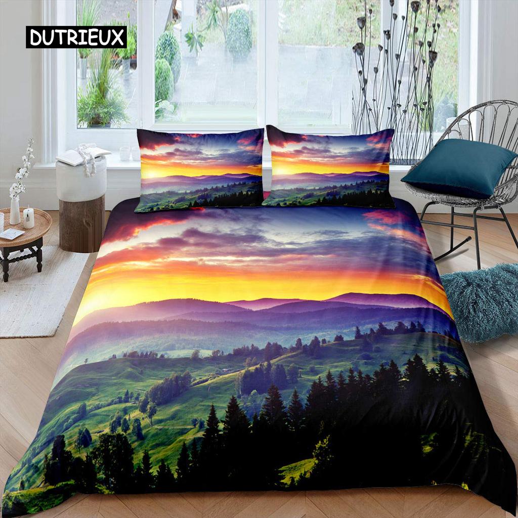 Smoky Mountain Duvet Cover Set Pine Trees Comforter Cover Boys Landscape Quilt Cover Natural Scenery Art Polyester Bedding Set