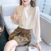 Mode Neu 2024 Herbst Langarm Stehkragen Lässig Schleife Schnürung Chiffon Bluse Hemd Damen Oberteile Blusen Hemden J459