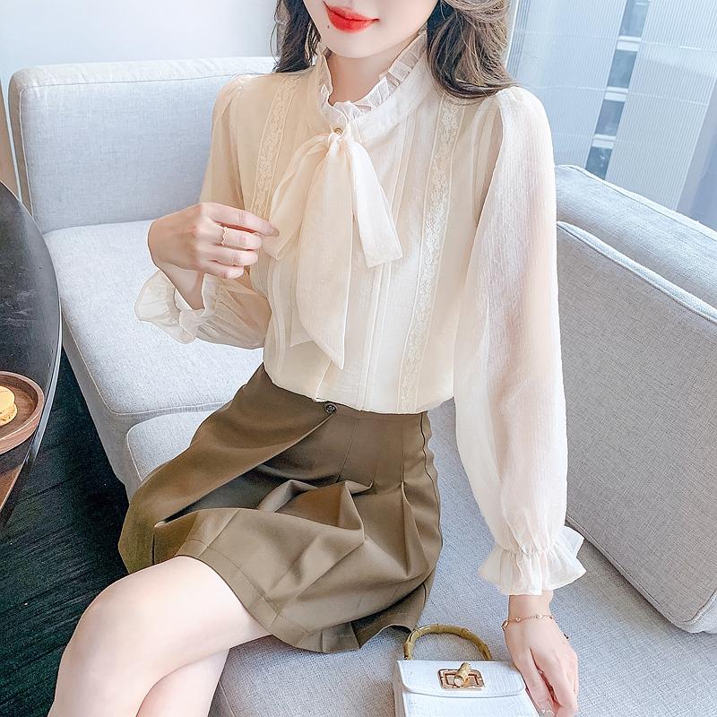 Moda noua 2024 toamna cu maneca lunga cu guler stand casual cu fundita siret bluza din sifon camasa pentru femei Topuri bluze camasi J459