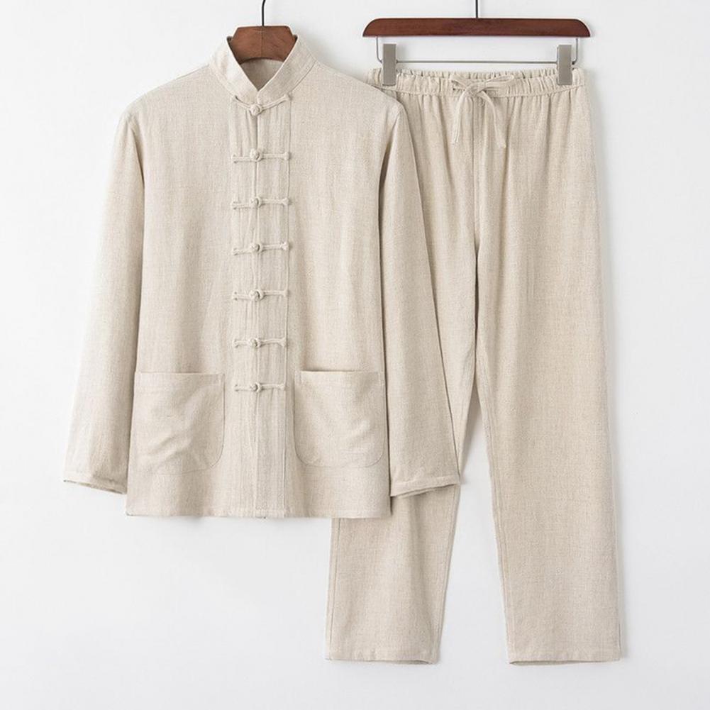 Casual Wear Men Shirt Bottoms Set Chinese Style Men's Casual Wear Two-piece Set with Stand Collar Shirt Disc Buckles Dr Practical Use