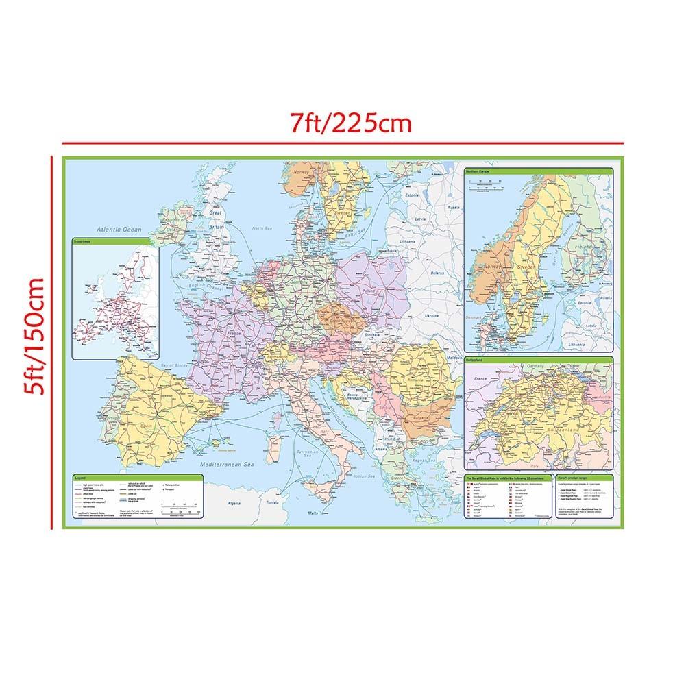 Europäisches Eisenbahnnetz Kartenposter - Detaillierte Kontinentale Zugrouten Wandkunst Dekoration für Zuhause Büro, Pädagogische Geografiekarte Papierdruck