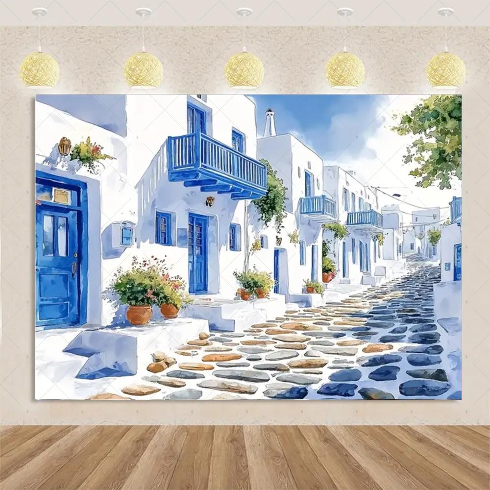 Nordische Griechische Landschaft Hausparty Dekorationen Inselstadt Santorin Blaue Kuppel Kirche Ägäis von Santorin Fotografie Hintergrund