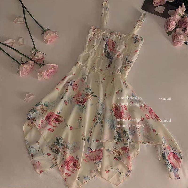 Honey Love French Floral Ruched Bandeau Spaghetti Strap Lingerie Dress