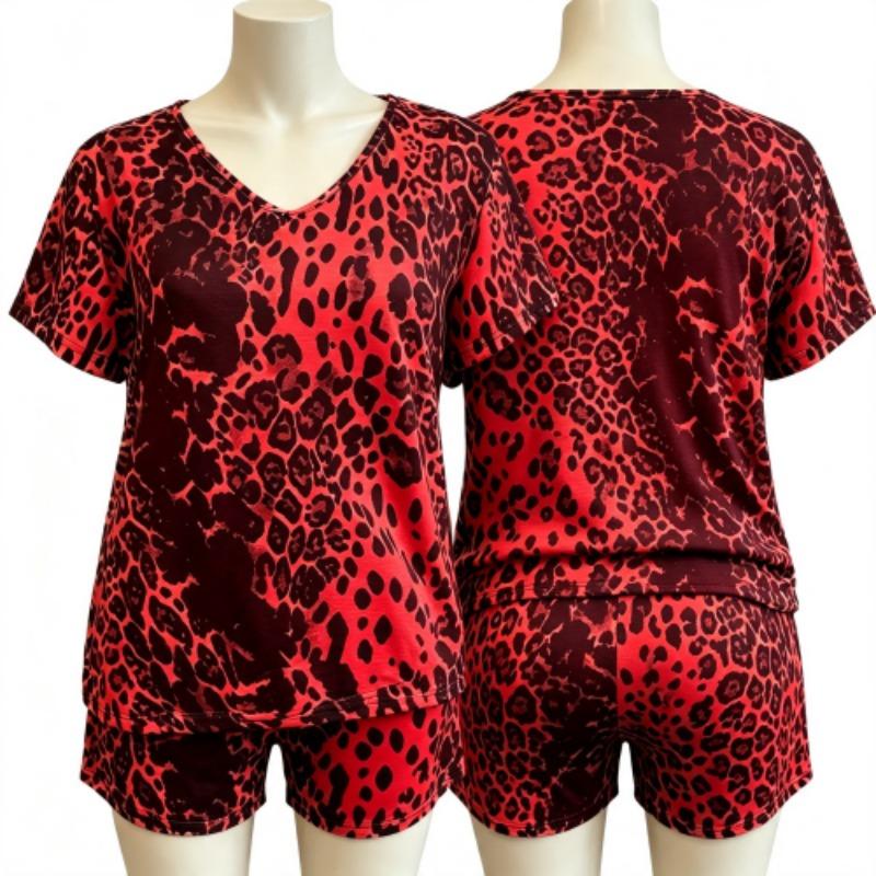 Summer European Streets Leopard Style Printed V-Neck Short Sleeved T-Shirt And Shorts Set Women's and Men's T-shirt Shorts Set
