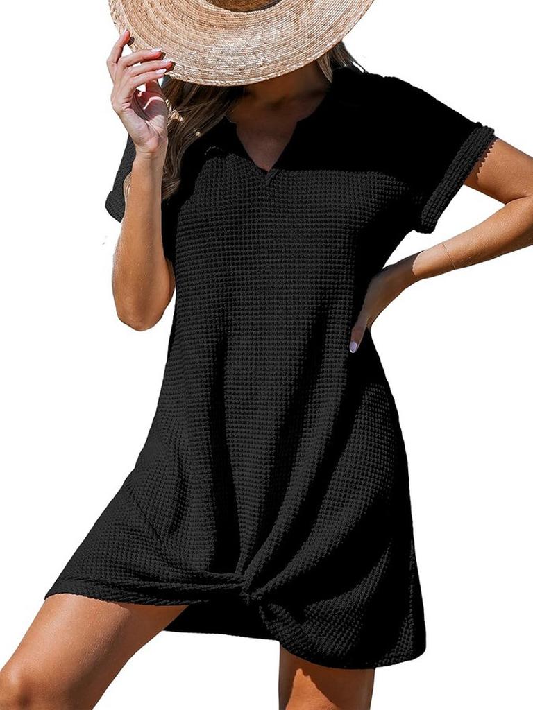 Women's Summer New Beach Dress V-Neck Knotted Cover-Up Ruffle Dress In Stock