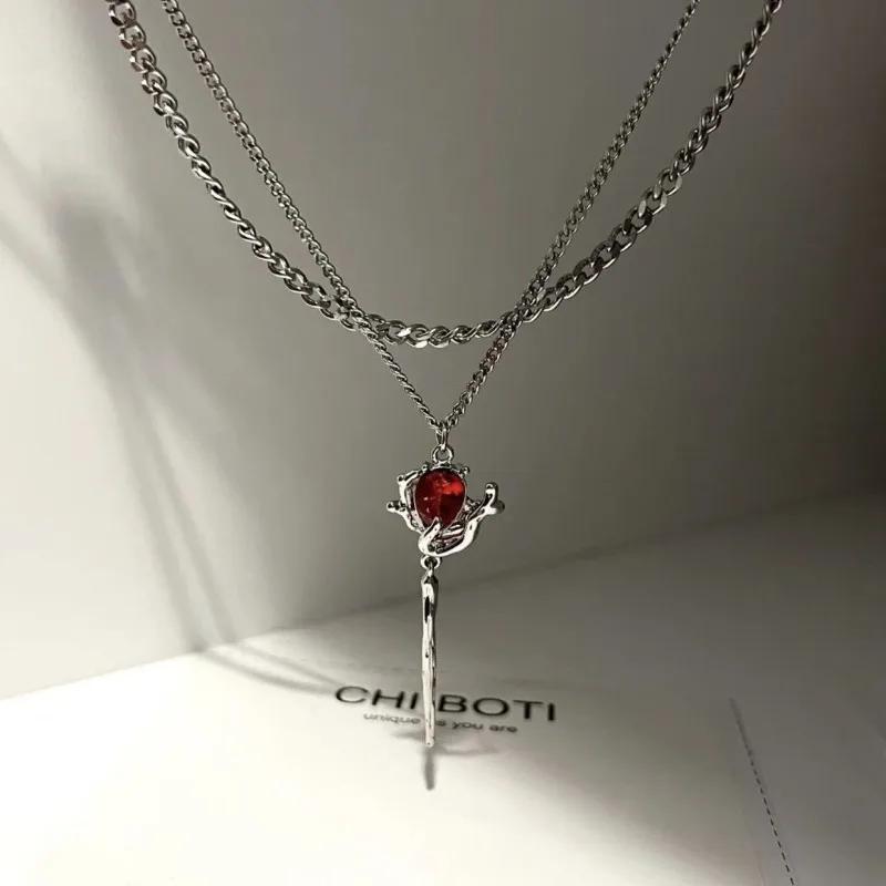 Y2k Red Rose Pendant Pendants Necklace for Women Men Hip Hop Neck Chain Rave Gift Gothic Trendy Jewelry Accessories
