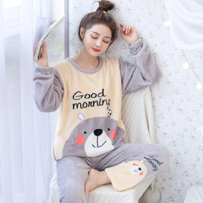 Herfst Winter Dames Comfortabele Pyjama Flanel Set Warme Koraal Fluwelen Huiskleding