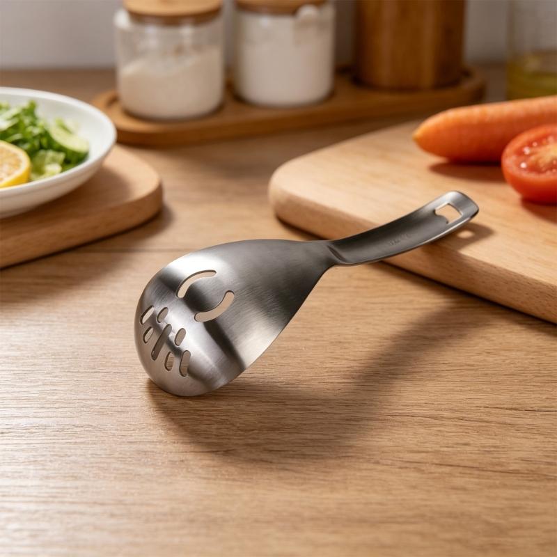 Multifunktionale Edelstahl-Küchenlöffel mit ergonomischem Griff Eiertrenner Kartoffelstampfer Schaumlöffel Sieb und Flaschenöffner