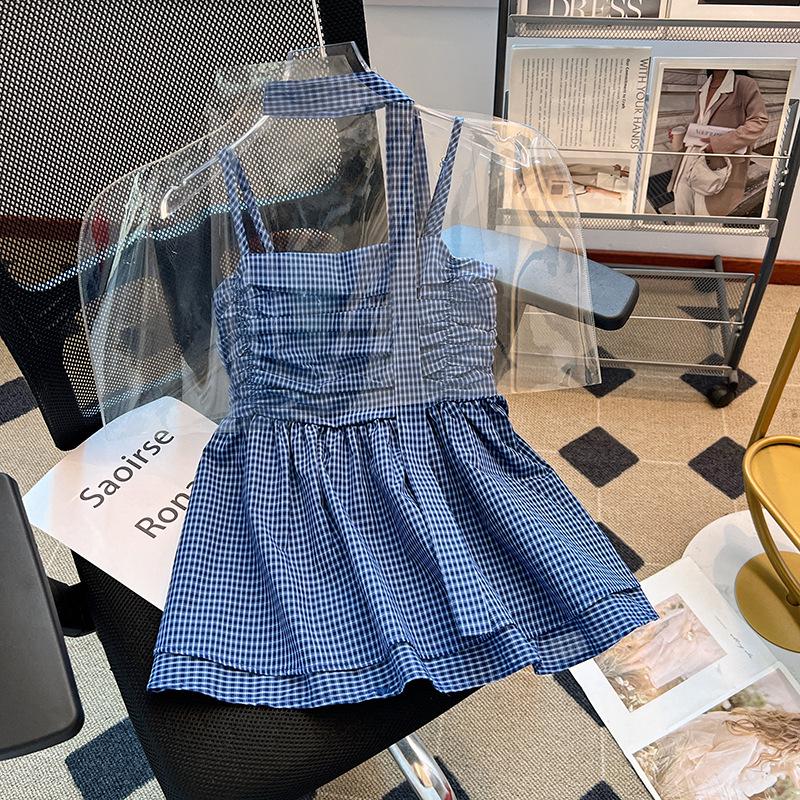 Korean Style Blue Plaid Strappy Vest - Women s Slimming Sleeveless Bandeau Top Extra Large синий