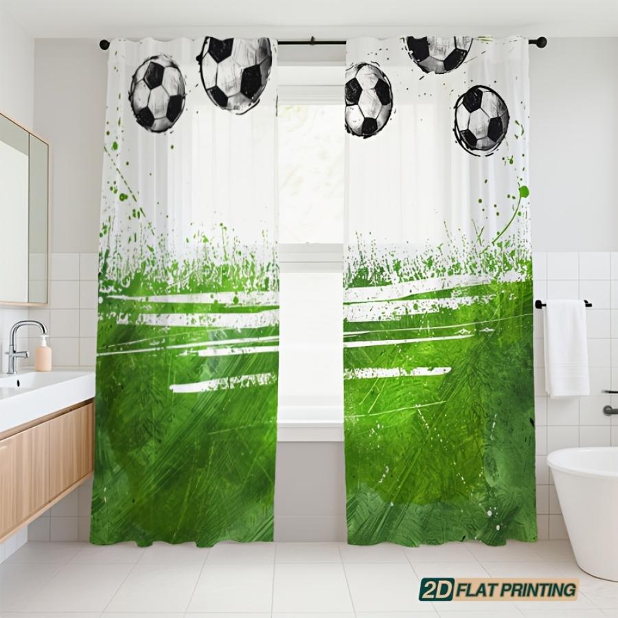 2PCS Digital Printed Sheer Curtain, Green Soccer Football Field, Sports Theme Boys Room Decor for Living Room Bedroom Home Decor