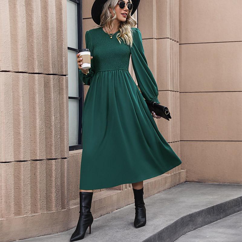 YYFS Women's Fashion Summer Solid Color Print Long Sleeve O-Neck Casual Dresses