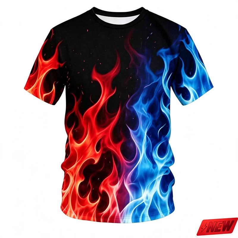 Men's 3D Color Flame Printed T-shirt for Summer Casual and Comfortable Short Sleeved Top, Fashionable Street Round Neck Clothing