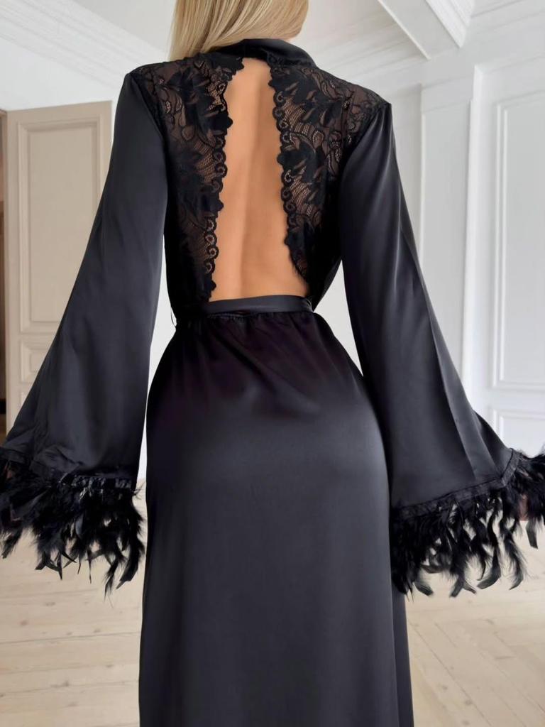 Pigiama con vestaglia in raso e pizzo senza schiena da donna europeo e americano – Elegante e sexy