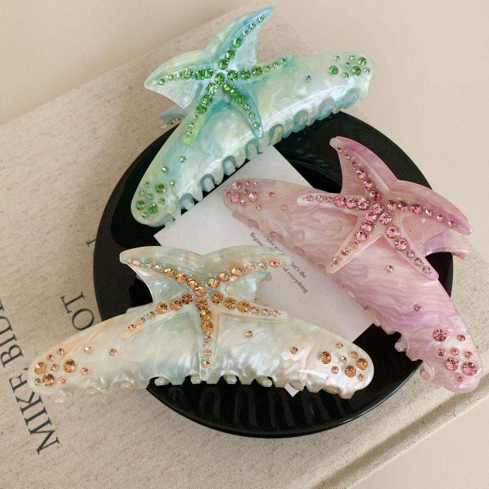 Acetic Acid Starfish Acetate Hair Clip Elegant Crystal Shell Hair Claw Rhinestone Shark Clip  Beach
