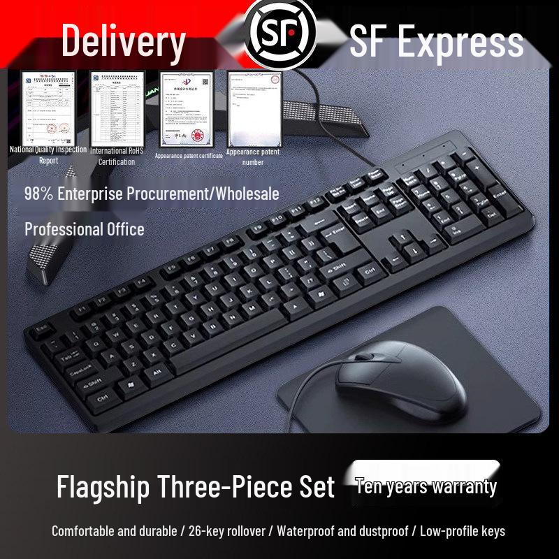 Universal Wired Business Keyboard & Mouse Set – Silent Office 3-Piece for PC, Laptop, Desktop