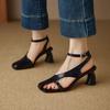 Fashion NEW Summer Women Sandals Split Leather Shoes for Women Square Toe Kitten Heel Shoe Narrow Band Bcukle Strap Shoes Modern Sandals