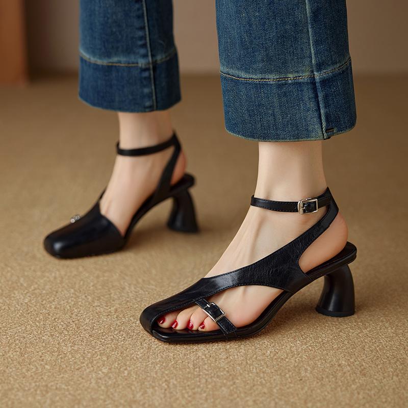 Fashion NEW Summer Women Sandals Split Leather Shoes for Women Square Toe Kitten Heel Shoe Narrow Band Bcukle Strap Shoes Modern Sandals