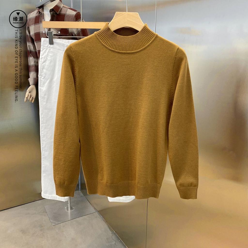 Spring Autumn Men's Half High Collar Solid Color Pullover Splice Casual Fashion Elegant Commuter Long Sleeve Sweater