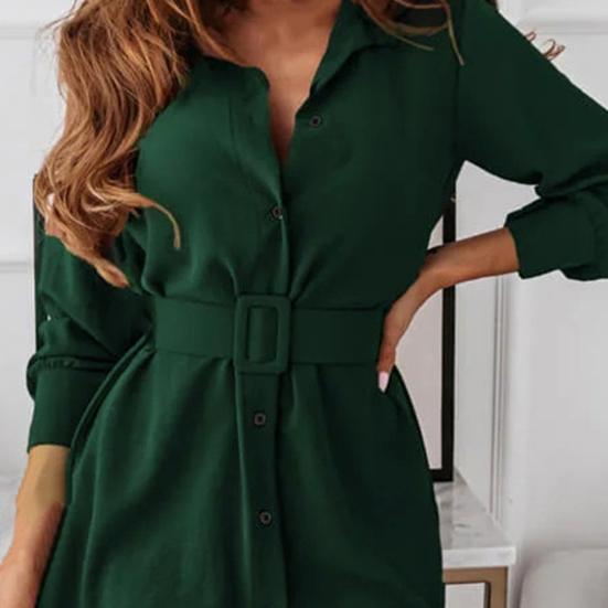 Damenkleid Einfarbig Umlegekragen Vintage Einreihig Langarm Minikleid für die Arbeit