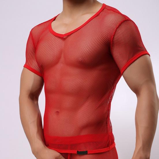Men V-Neck Color Short Sleeve Hollow Tops Breathable Casual Style Tops