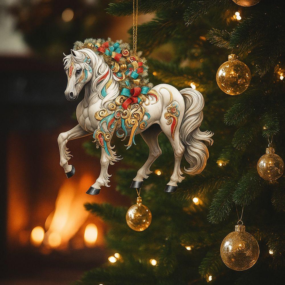 White Horse Christmas Hanging Pendant Acrylic Bag Pendant Charms Car Horse Pendant 2D Flat Christmas Tree Ornament Navidad Decor