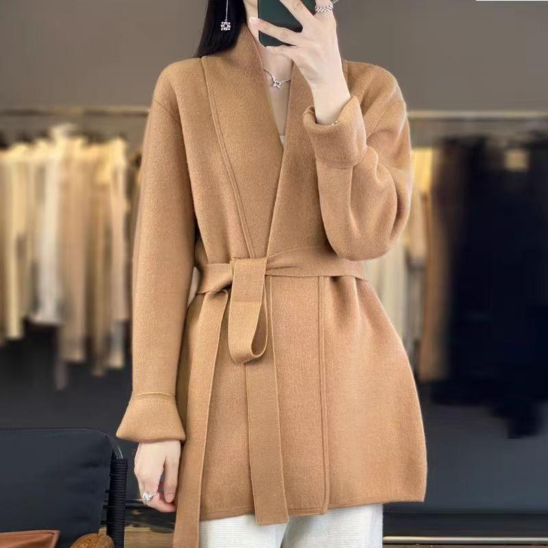 

Однотонный кардиган средней длины и длинный вязаный женский осенне-зимний новый с лацканами свитер-жакет ленивый ветер теплый топ толстый One size жёлтый