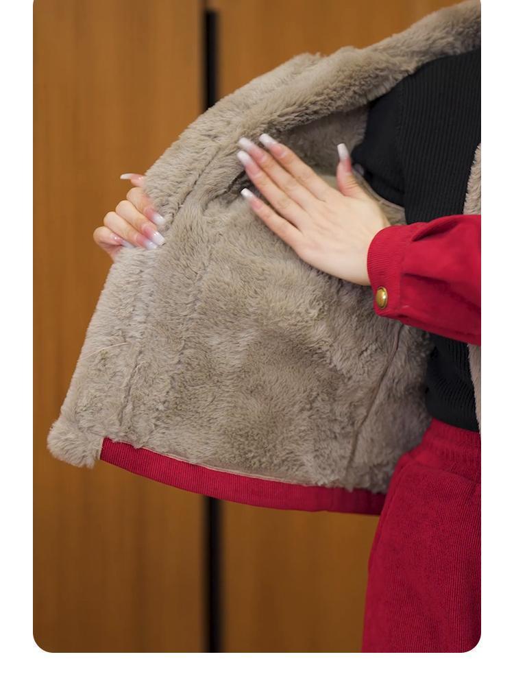 Arctic Velvet Corduroy Women's Stylish Plush Two-Piece Winter Set