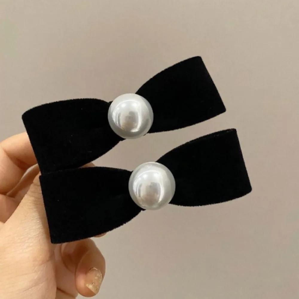 Pearl point mini hair clip, accent pin, velvet ribbon bangs hair clip, large hair clip, bun hair clip, chiffon ribbon hair clip black