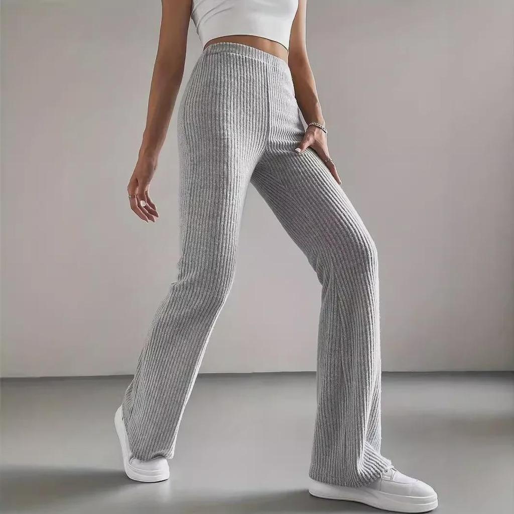 2025 Spring and Autumn New Flared Pants Women's Solid Color Casual Pants Ribbed Knit Fashion Versatile Slim Pants