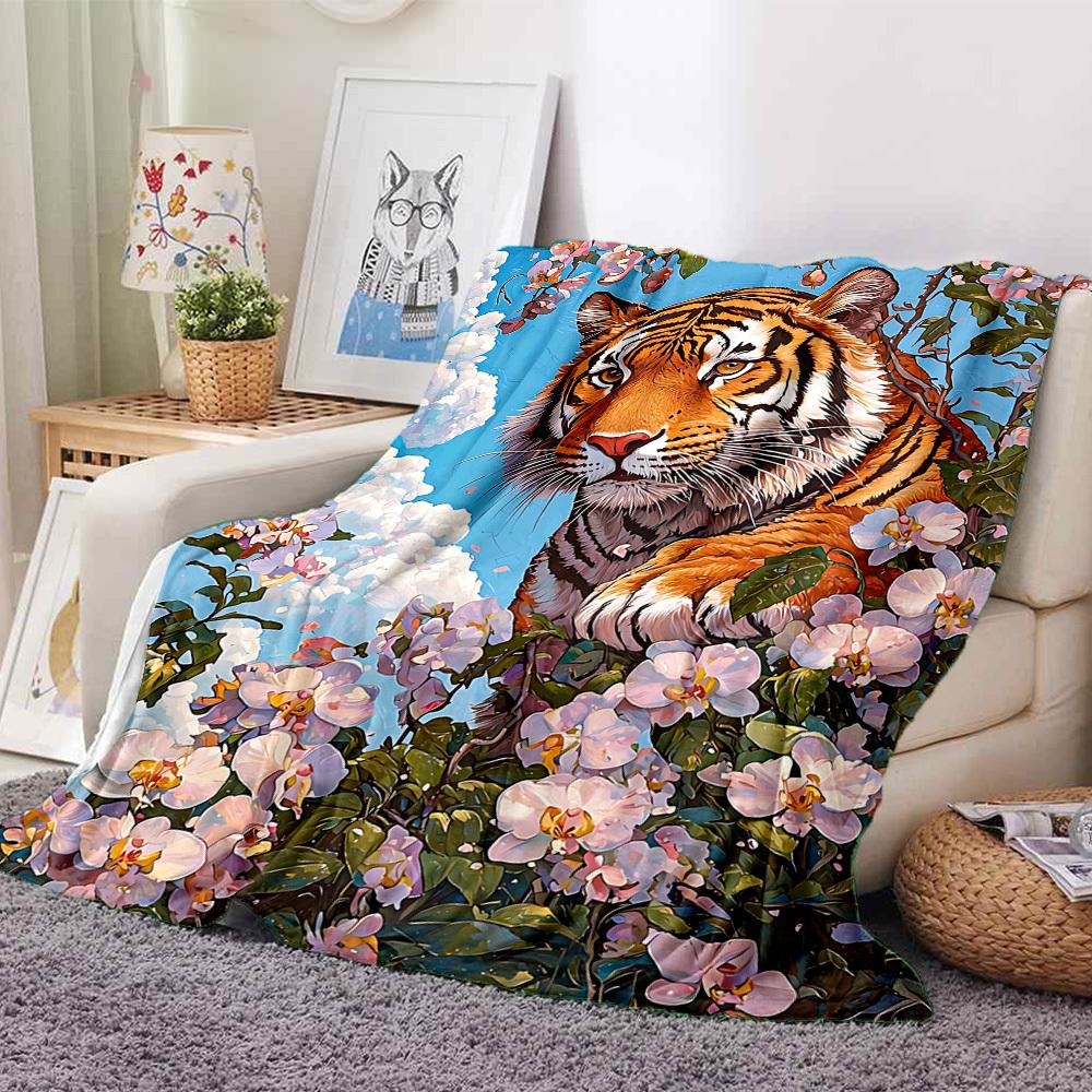 1PC Tiger Floral Print Print Blanket, Soft Throw Blanket - Warm & Cozy for Couch, Bed, Office, and Travel , Christmas present yy250912232