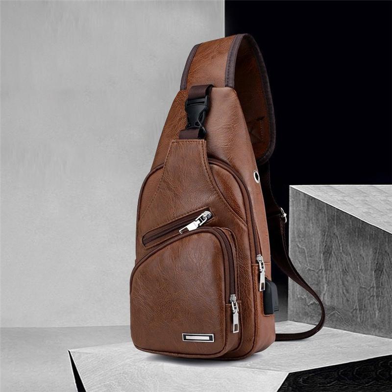 Portable Outdoor Crossbody Bag Pu Chest Bag Casual Shoulder Bag Usb Charging Mobile Phone Bag for