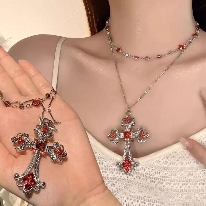 Creative Patterned Cross Synthetic Gemstone Necklace In Gothic Style