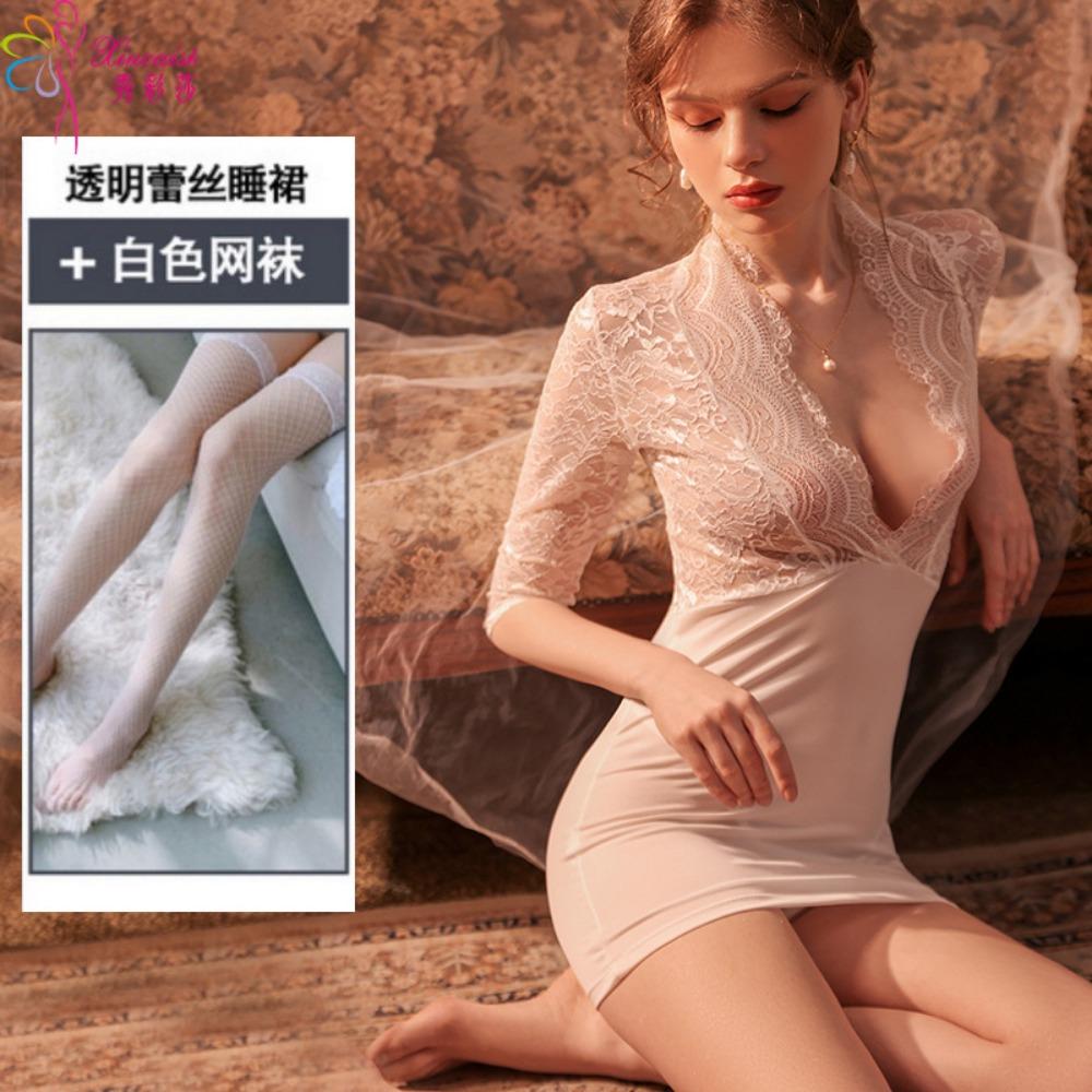 Sexy Underwear Private Room Temptation Secretary Uniform Autumn and Winter Short-sleeved Hip-wrapped Nightdress Casual Home Suit Pajamas Qqny