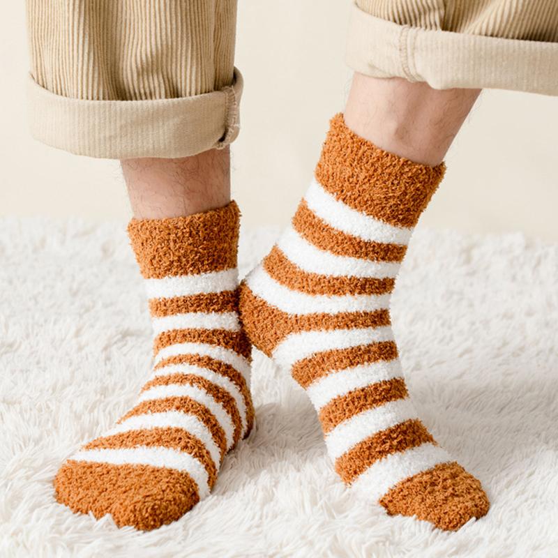 1/5 Pairs Men Women Winter Coral Fleece Mid Tube Socks Fashionable Stripes Thick Plush Warm Comfortable Home Casual Floor Socks