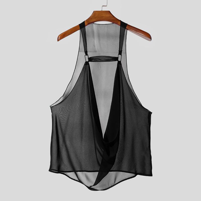 INCERUN Ανδρικά Αμάνικα Διάφανα Διχτυωτά Τοπ Τανκ με Λουράκια και Κολάρο Ζιβάγκο για Πάρτι και Κλαμπ