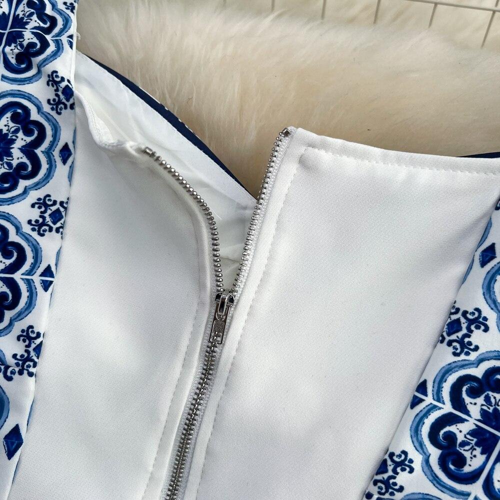 Fashionable Suit Female Casual Celadon Print Concord Vest + High Waist Shows Thin Big Set Skirt Two Pieces