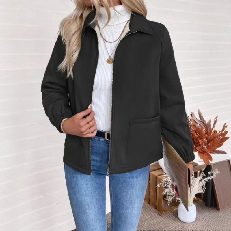 Womens Elegant Office Chic Short Zip-Up Blazer Jacket With Lapel Collar Front Pockets