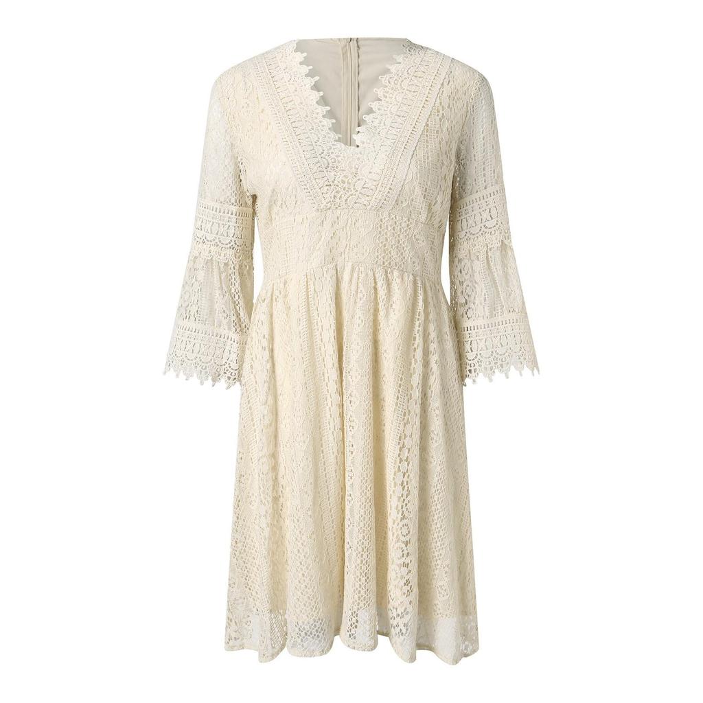 Abito Casual da Donna in Pizzo Ampio Scollo a V Pizzo Vuoto Manica Svasata Abiti Taglia Plus Abito Bianco Femminile Vintage Casual Abiti da Spiaggia