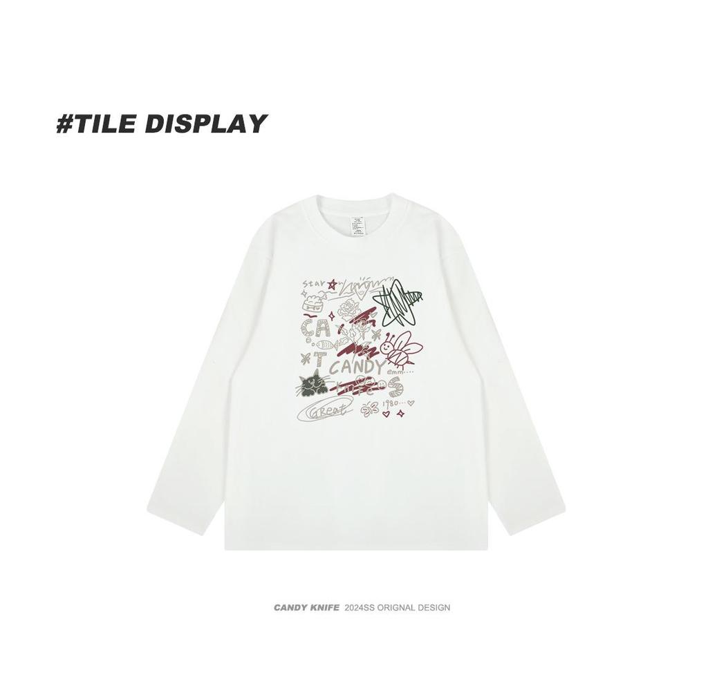 Funky Trend Cartoon Print Couple Long-Sleeve T-Shirt - Versatile, Loose Fit, Pure Cotton for Autumn/Winter