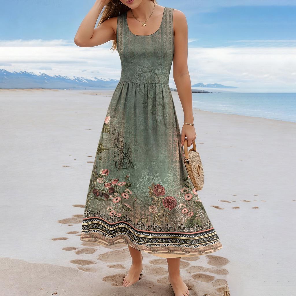 Damen-Sommerkleid mit Blumenmuster, lässig und modisch, ärmellos, lang